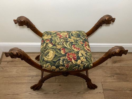 VICTORIAN X FRAME CARVED WALNUT WINDOW STOOL SEAT HUNTING DOG HEADS - ADDITIONAL PHOTO 4