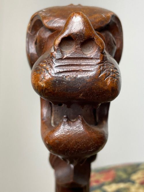 VICTORIAN X FRAME CARVED WALNUT WINDOW STOOL SEAT HUNTING DOG HEADS - ADDITIONAL PHOTO 7