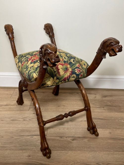 VICTORIAN X FRAME CARVED WALNUT WINDOW STOOL SEAT HUNTING DOG HEADS - ADDITIONAL PHOTO 8