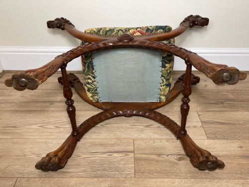 VICTORIAN X FRAME CARVED WALNUT WINDOW STOOL SEAT HUNTING DOG HEADS - ADDITIONAL PHOTO 9