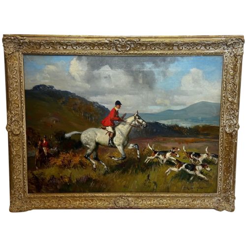 oil painting huntsman grey horse foxhound dogs by reginald mills rba - CATEGORY: ANTIQUE ART - DATED 1920