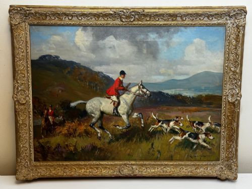 OIL PAINTING HUNTSMAN GREY HORSE FOXHOUND DOGS BY REGINALD MILLS RBA - ADDITIONAL PHOTO 1