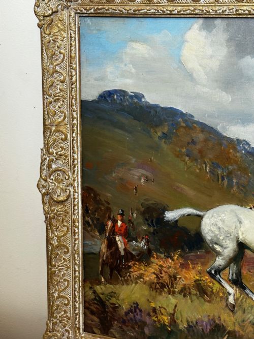 OIL PAINTING HUNTSMAN GREY HORSE FOXHOUND DOGS BY REGINALD MILLS RBA - ADDITIONAL PHOTO 2
