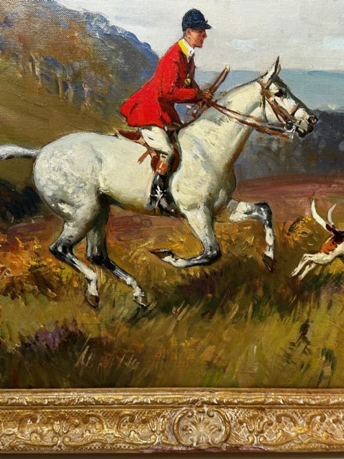 OIL PAINTING HUNTSMAN GREY HORSE FOXHOUND DOGS BY REGINALD MILLS RBA - ADDITIONAL PHOTO 3
