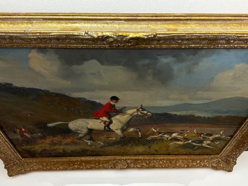 OIL PAINTING HUNTSMAN GREY HORSE FOXHOUND DOGS BY REGINALD MILLS RBA - ADDITIONAL PHOTO 4