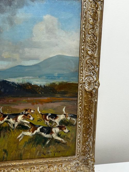 OIL PAINTING HUNTSMAN GREY HORSE FOXHOUND DOGS BY REGINALD MILLS RBA - ADDITIONAL PHOTO 5