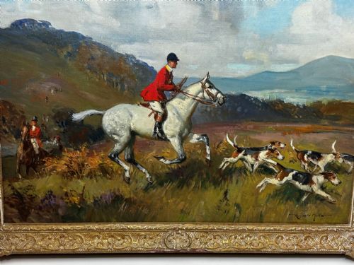 OIL PAINTING HUNTSMAN GREY HORSE FOXHOUND DOGS BY REGINALD MILLS RBA - ADDITIONAL PHOTO 6