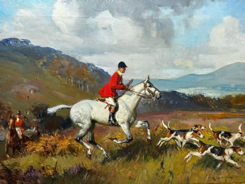OIL PAINTING HUNTSMAN GREY HORSE FOXHOUND DOGS BY REGINALD MILLS RBA - ADDITIONAL PHOTO 7