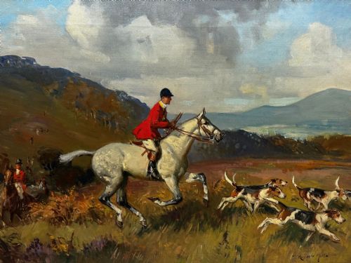 OIL PAINTING HUNTSMAN GREY HORSE FOXHOUND DOGS BY REGINALD MILLS RBA - ADDITIONAL PHOTO 8