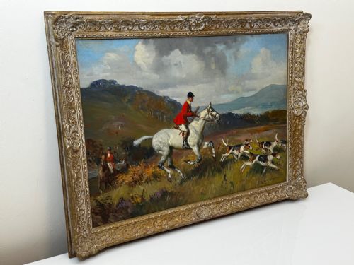 OIL PAINTING HUNTSMAN GREY HORSE FOXHOUND DOGS BY REGINALD MILLS RBA - ADDITIONAL PHOTO 9