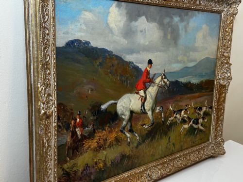 OIL PAINTING HUNTSMAN GREY HORSE FOXHOUND DOGS BY REGINALD MILLS RBA - ADDITIONAL PHOTO 10