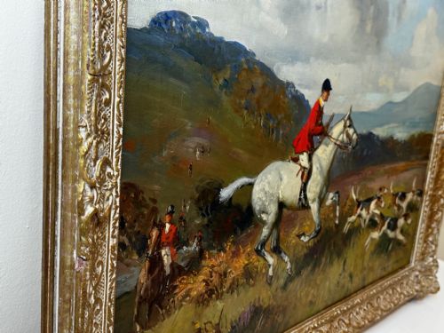 OIL PAINTING HUNTSMAN GREY HORSE FOXHOUND DOGS BY REGINALD MILLS RBA - ADDITIONAL PHOTO 11
