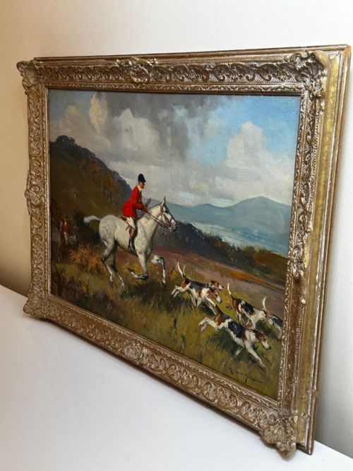 OIL PAINTING HUNTSMAN GREY HORSE FOXHOUND DOGS BY REGINALD MILLS RBA - ADDITIONAL PHOTO 12