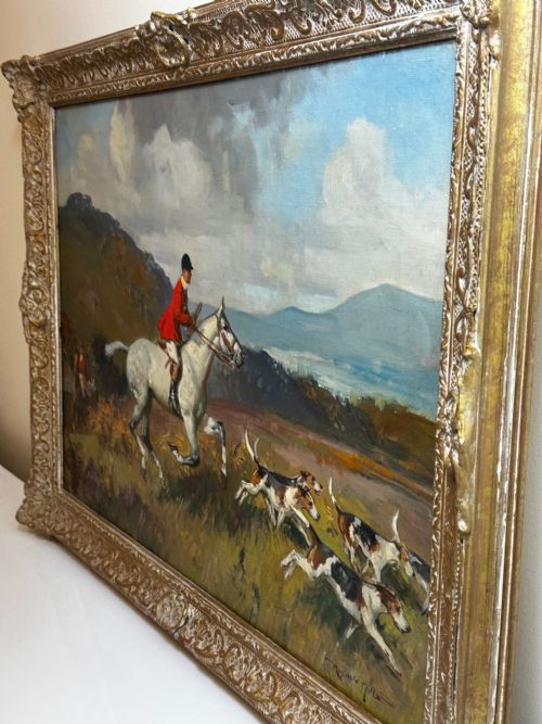 OIL PAINTING HUNTSMAN GREY HORSE FOXHOUND DOGS BY REGINALD MILLS RBA - ADDITIONAL PHOTO 13