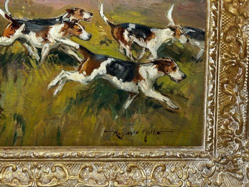 OIL PAINTING HUNTSMAN GREY HORSE FOXHOUND DOGS BY REGINALD MILLS RBA - ADDITIONAL PHOTO 14