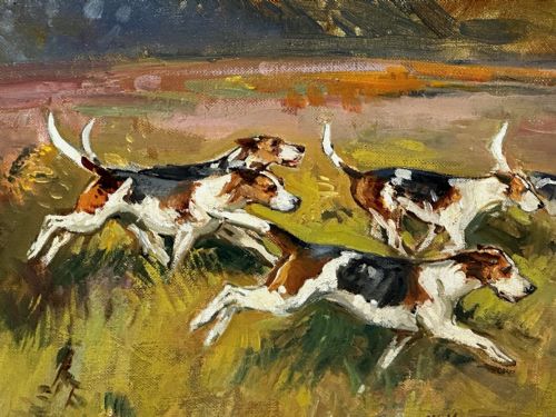 OIL PAINTING HUNTSMAN GREY HORSE FOXHOUND DOGS BY REGINALD MILLS RBA - ADDITIONAL PHOTO 17