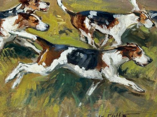 OIL PAINTING HUNTSMAN GREY HORSE FOXHOUND DOGS BY REGINALD MILLS RBA - ADDITIONAL PHOTO 18