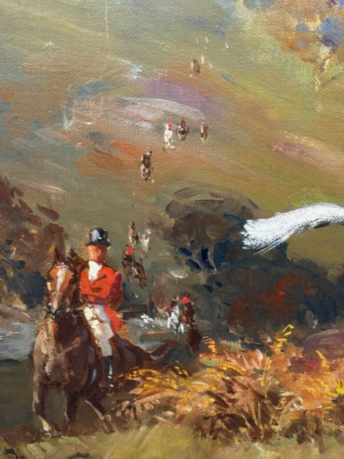 OIL PAINTING HUNTSMAN GREY HORSE FOXHOUND DOGS BY REGINALD MILLS RBA - ADDITIONAL PHOTO 22