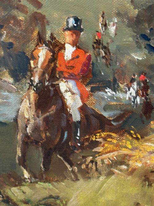 OIL PAINTING HUNTSMAN GREY HORSE FOXHOUND DOGS BY REGINALD MILLS RBA - ADDITIONAL PHOTO 23