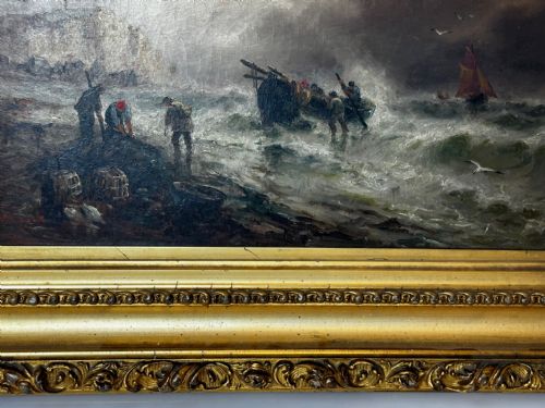 OIL PAINTING FISHERMEN UNLOADING CATCH BY SARAH LOUISA KILPACK - ADDITIONAL PHOTO 4