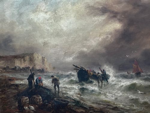OIL PAINTING FISHERMEN UNLOADING CATCH BY SARAH LOUISA KILPACK - ADDITIONAL PHOTO 12