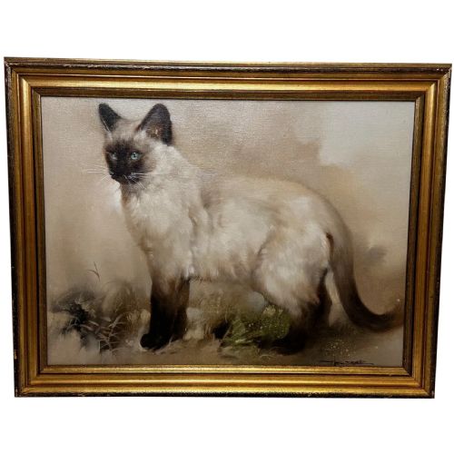 early 20th century oil painting portrait siamese cat animal c1920 - CATEGORY: ANTIQUE ART - DATED 1920