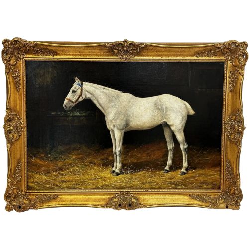 19th Century Oil Painting Grey Horse in Stable by Stanley Berkeley