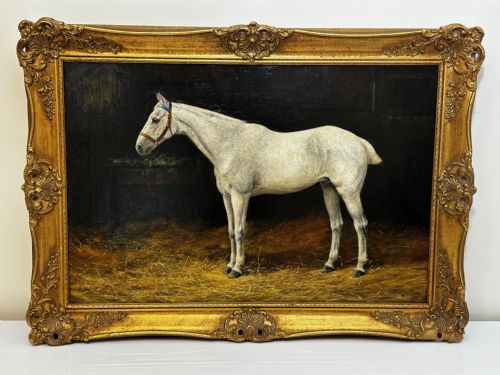 fig 1. 19th Century Oil Painting Grey Horse In Stable By Stanley Berkeley