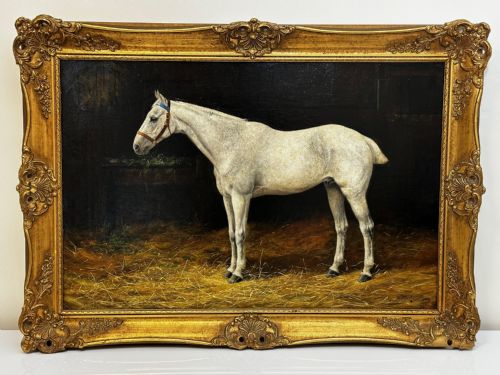 fig 2. 19th Century Oil Painting Grey Horse In Stable By Stanley Berkeley