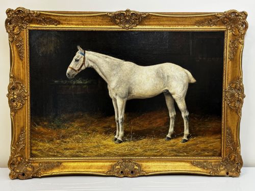 fig 3. 19th Century Oil Painting Grey Horse In Stable By Stanley Berkeley