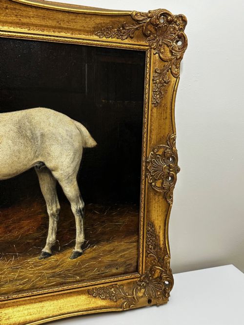 fig 4. 19th Century Oil Painting Grey Horse In Stable By Stanley Berkeley