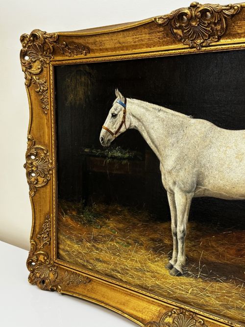 fig 5. 19th Century Oil Painting Grey Horse In Stable By Stanley Berkeley