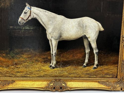 fig 6. 19th Century Oil Painting Grey Horse In Stable By Stanley Berkeley