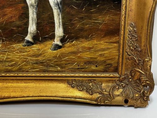 fig 8. 19th Century Oil Painting Grey Horse In Stable By Stanley Berkeley