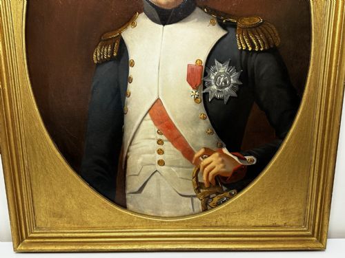 fig 2. A 19th-century French oil painting depicting Napoleon Bonaparte in military uniform with epaulettes, set within an oval spandrel inside a rectangular gilded wood frame.