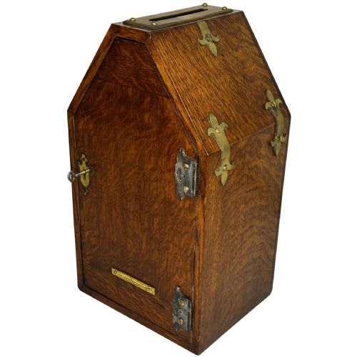 19th century pugin design private chapel tiger oak letter box with key - CATEGORY: ANTIQUE BOXES - DATED 1890