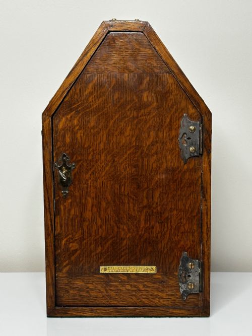 19TH CENTURY PUGIN DESIGN PRIVATE CHAPEL TIGER OAK LETTER BOX WITH KEY - ADDITIONAL PHOTO 1