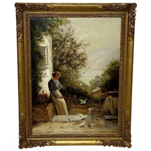 victorian oil painting lady feeding doves by ernest charles walbourn - CATEGORY: ANTIQUE ART - DATED VICTORIAN