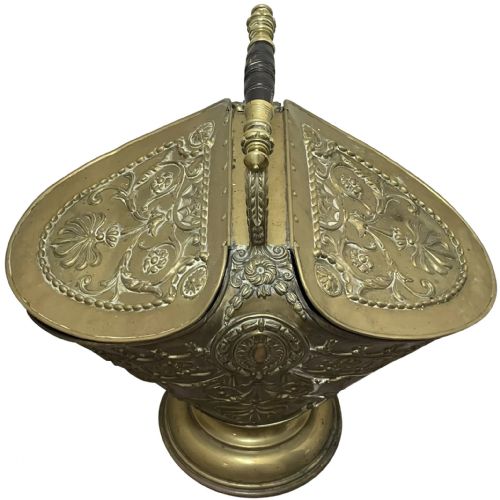 victorian brass curved coal scuttle helmet dual lid - CATEGORY: ANTIQUE FIREPLACES - DATED VICTORIAN