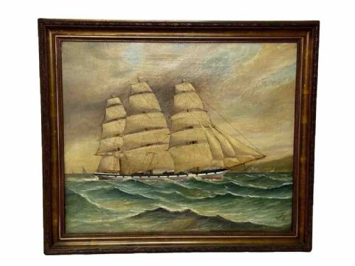 victorian oil painting taranaki iron sailing ship near port chambers - CATEGORY: ANTIQUE ART - DATED VICTORIAN