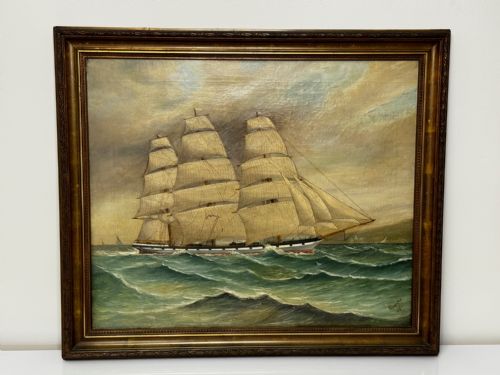VICTORIAN OIL PAINTING TARANAKI IRON SAILING SHIP NEAR PORT CHAMBERS - ADDITIONAL PHOTO 1