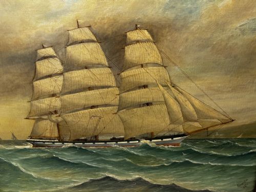 VICTORIAN OIL PAINTING TARANAKI IRON SAILING SHIP NEAR PORT CHAMBERS - ADDITIONAL PHOTO 2