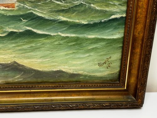 VICTORIAN OIL PAINTING TARANAKI IRON SAILING SHIP NEAR PORT CHAMBERS - ADDITIONAL PHOTO 4