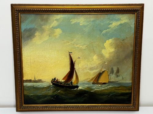 MARINE GEORGIAN OIL PAINTING FISHING BOAT HEADING OUT BRISK WINDS - ADDITIONAL PHOTO 1