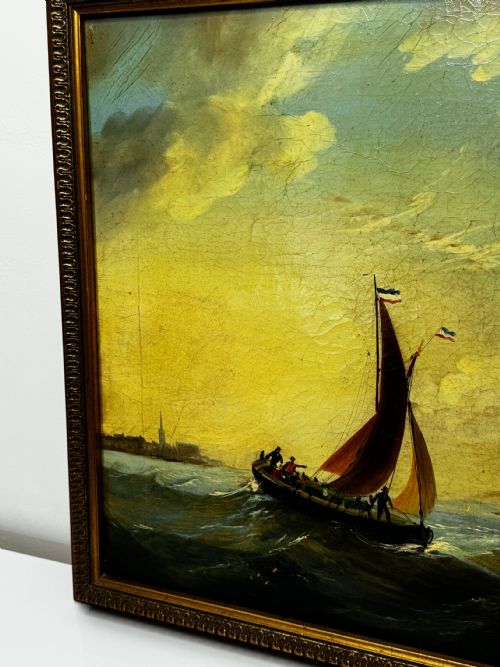 MARINE GEORGIAN OIL PAINTING FISHING BOAT HEADING OUT BRISK WINDS - ADDITIONAL PHOTO 2