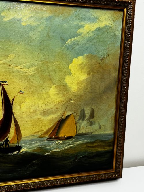 MARINE GEORGIAN OIL PAINTING FISHING BOAT HEADING OUT BRISK WINDS - ADDITIONAL PHOTO 3