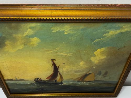MARINE GEORGIAN OIL PAINTING FISHING BOAT HEADING OUT BRISK WINDS - ADDITIONAL PHOTO 4