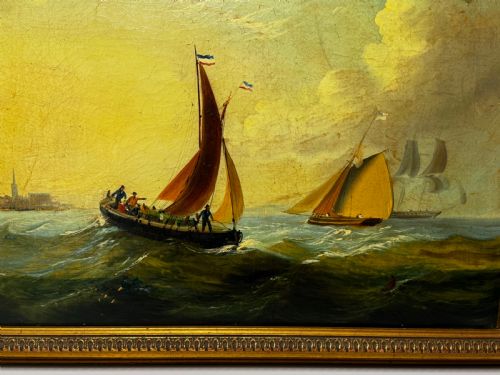 MARINE GEORGIAN OIL PAINTING FISHING BOAT HEADING OUT BRISK WINDS - ADDITIONAL PHOTO 5