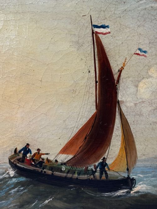 MARINE GEORGIAN OIL PAINTING FISHING BOAT HEADING OUT BRISK WINDS - ADDITIONAL PHOTO 6