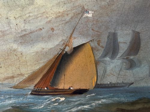 MARINE GEORGIAN OIL PAINTING FISHING BOAT HEADING OUT BRISK WINDS - ADDITIONAL PHOTO 7
